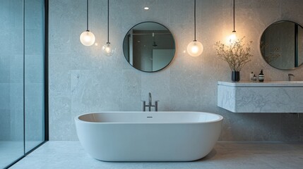 Wall Mural - A modern bathroom showcases a freestanding bathtub, minimalist decor, well-placed lighting, and a sleek countertop, creating a harmonious and tranquil atmosphere