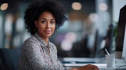 A woman with curly hair is sitting at a desk in front of a computer monitor. She is smiling and she is happy