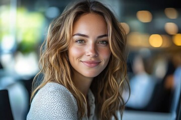 A woman with long brown hair and a white shirt is smiling at the camera. She is sitting at a table in a restaurant