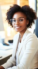 Wall Mural - A woman wearing glasses and a white jacket sits at a desk. She is smiling and she is happy