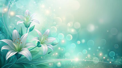 Wall Mural - Abstract misty pastel blue-green background with glowing lily shapes and dots