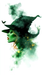 Cute witch character clipart, Halloween element, watercolor illustration, sharp lines, green skin and pointy hat, isolated on white background