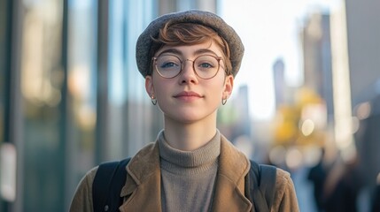 Wall Mural - A young woman wearing glasses and a hat stands in front of a building. She is smiling and she is enjoying herself