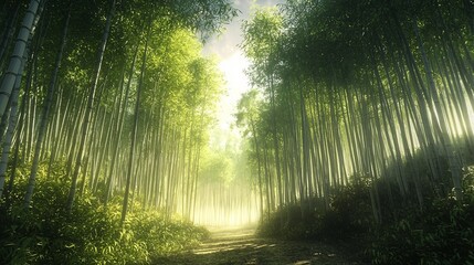 Wall Mural - Sunlight streaming through a dense bamboo forest, creating a mystical atmosphere.