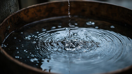 Close-up of water ripples created by falling droplets in a rustic metal basin, showcasing tranquil reflections and natural beauty