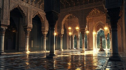 Poster - Sunlight streams through the ornate arches of an ancient palace courtyard.