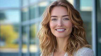 Wall Mural - A woman with long brown hair is smiling and looking at the camera. She is wearing a white sweater and is standing in front of a window