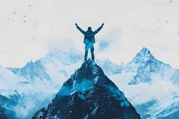 A man is standing on top of a mountain, with his arms raised in the air