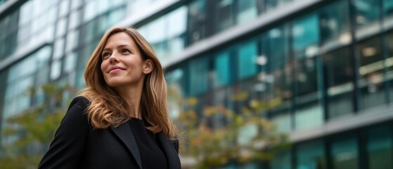 Wall Mural - A woman wearing a black coat and smiling in front of a building. Concept of confidence and positivity