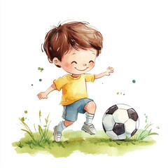 cute kid playing soccer watercolor clipart