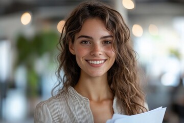 Wall Mural - A woman with long hair is smiling and holding a stack of papers. Concept of confidence and professionalism, as the woman is dressed in a business suit and he is in a work environment