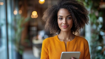 A woman with curly hair is holding a tablet in her hand. She is smiling and she is happy