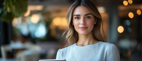 Wall Mural - A woman with long brown hair and a white shirt is smiling for the camera. She is holding a tablet in her hand