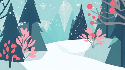 Canvas Print - A snowy winter forest scene with tall trees and pink flowers.