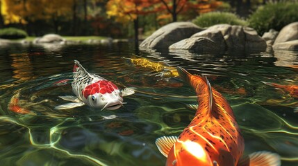 Koi fish swimming gracefully in a serene pond surrounded by autumn foliage in a tranquil garden setting