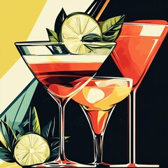 Wall Mural - Three colorful cocktails with lime and mint garnishes, against a yellow background.