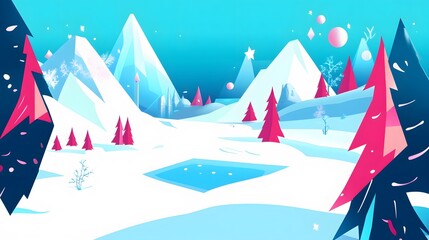 Canvas Print - A whimsical winter scene with bright blue sky, pink and white snowy mountains, and red trees.