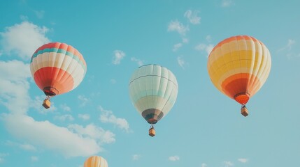 Wall Mural - Three Colorful Hot Air Balloons Soaring in a Blue Sky.