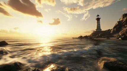 A serene sunset over calm waters highlighting a coastal lighthouse surrounded by rocky shores and soft clouds in a peaceful landscape