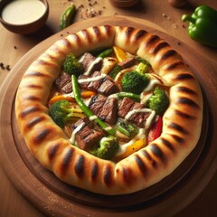 Wall Mural - Mouthwatering gourmet pizza featuring juicy steak cubes, vibrant vegetables, and a unique bread crust. The delicious mix of ingredients and the creative presentation make it a culinary delight for