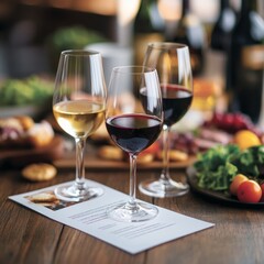 Wall Mural - Three glasses of wine on a wooden table with food in the background.