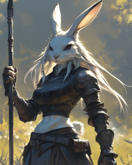 female rabbit beastfolk warrior with long flowing hair holding a spear standing in sunlight in a field of tall grass