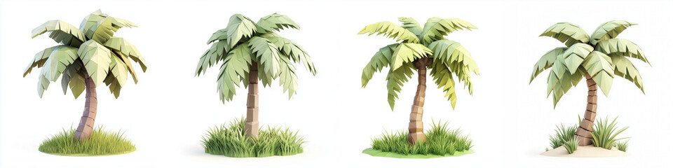 A collection of four vibrant palm trees showcasing different styles and textures, perfect for tropical and nature-themed designs.