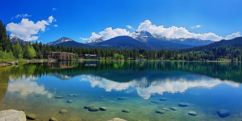 Wall Mural - A beautiful lake with mountains in the background. The water is calm and clear, reflecting the sky and the mountains. The scene is peaceful and serene, making it a perfect place to relax