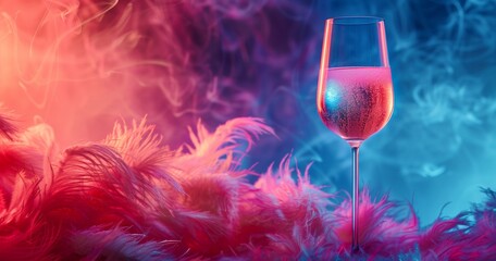 A vibrant wine glass filled with wine surrounded by fluffy feathers in an enchanting setting of colorful, wispy hues for an artistic flair.