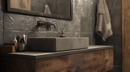 A stylish industrial bathroom with a rustic wooden vanity, a concrete countertop, and a rectangular vessel sink. The walls are covered in grey textured tiles for a rugged look