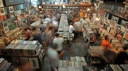 Vinyl Paradise: Vibrant Record Store with Eclectic Selection of Albums and CDs, Customers Exploring Music Collection