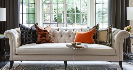 A white sofa with various colorful throw pillows, placed in front of a window with a view of trees.