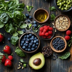 Canvas Print - Top view of various fruits and vegetables on a rustic wooden surface.