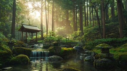 Canvas Print - Tranquil morning scene with a gazebo near a small stream surrounded by lush foliage and mossy rocks.