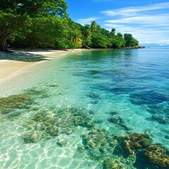 Canvas Print - Tranquil tropical beach with crystal-clear water revealing coral reefs.