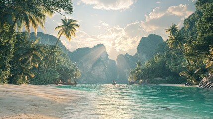 Sticker - Tropical beach with clear water, palm trees and cliffs in the background.