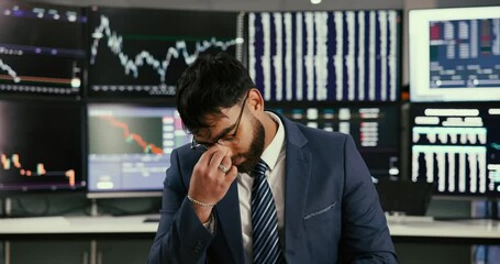 Poster - Frustrated businessman, trader and stock market with headache for trading loss or bad investment on foreign exchange. Tired man, broker or investor with screen in stress for crash, risk or plummet