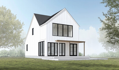 Wall Mural - Modern barn-style house with a gable roof, white walls, and black accents, featuring large windows.