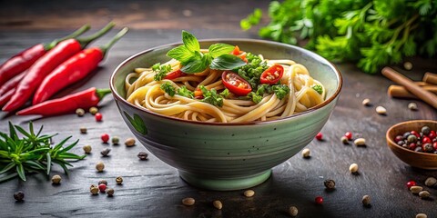 Wall Mural - A unique noodle bowl topped with fresh herbs and spices