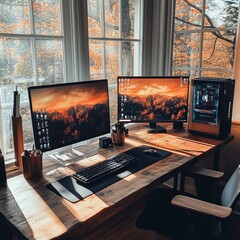 Sticker - Two computer monitors on a wooden desk with a keyboard, mouse, and a computer tower next to it.