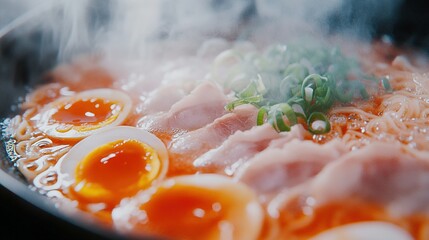 Delicious bowl of steaming ramen with soft-boiled eggs and sliced meat, garnished with green onions during a cozy meal