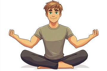 Wall Mural - cartoon character, a young man with green eyes, wearing t-shirt is sitting on the floor in a yoga lotus pose on a white background