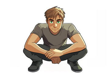 Wall Mural - cartoon character, a young man with green eyes, wearing t-shirt squats on the floor on a white background