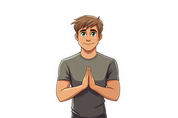 cartoon character, a young man with green eyes, wearing a t-shirt is standing with arms folded in a yoga pose on a white background