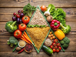 Fresh vegetables, whole grains, and lean protein form a colorful, balanced triangle on a rustic wooden table, epitomizing healthy eating and wholesome nutrition.