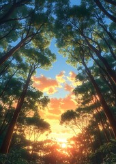 Wall Mural - A beautiful sunset is reflected in the trees, creating a serene and peaceful atmosphere. The sky is filled with clouds, adding a sense of depth and dimension to the scene. The trees are lush and green