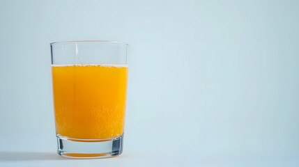 Wall Mural - A glass of orange juice with bubbles on a light blue background.