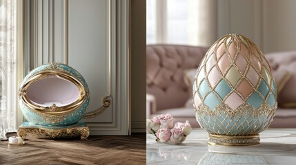 Two ornate egg-shaped objects, one a crib and one a decorative piece, both with gold and pastel colors.