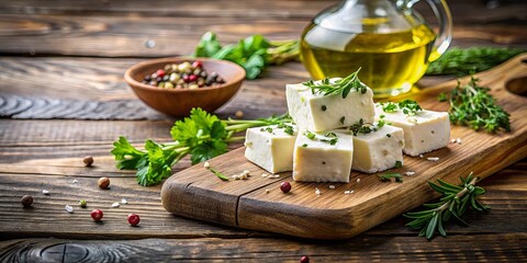 Wall Mural - Feta cheese with herbs and olive oil on a rustic wooden board