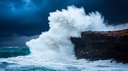  dramatic ocean wave crashing against coastal cliffs under a stormy sky - nature's raw power captured in an epic display